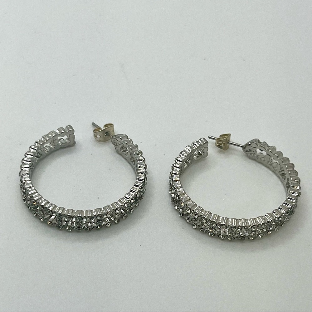 Silver Tone Rhinestone Hoop Earrings - Picture 8 of 8